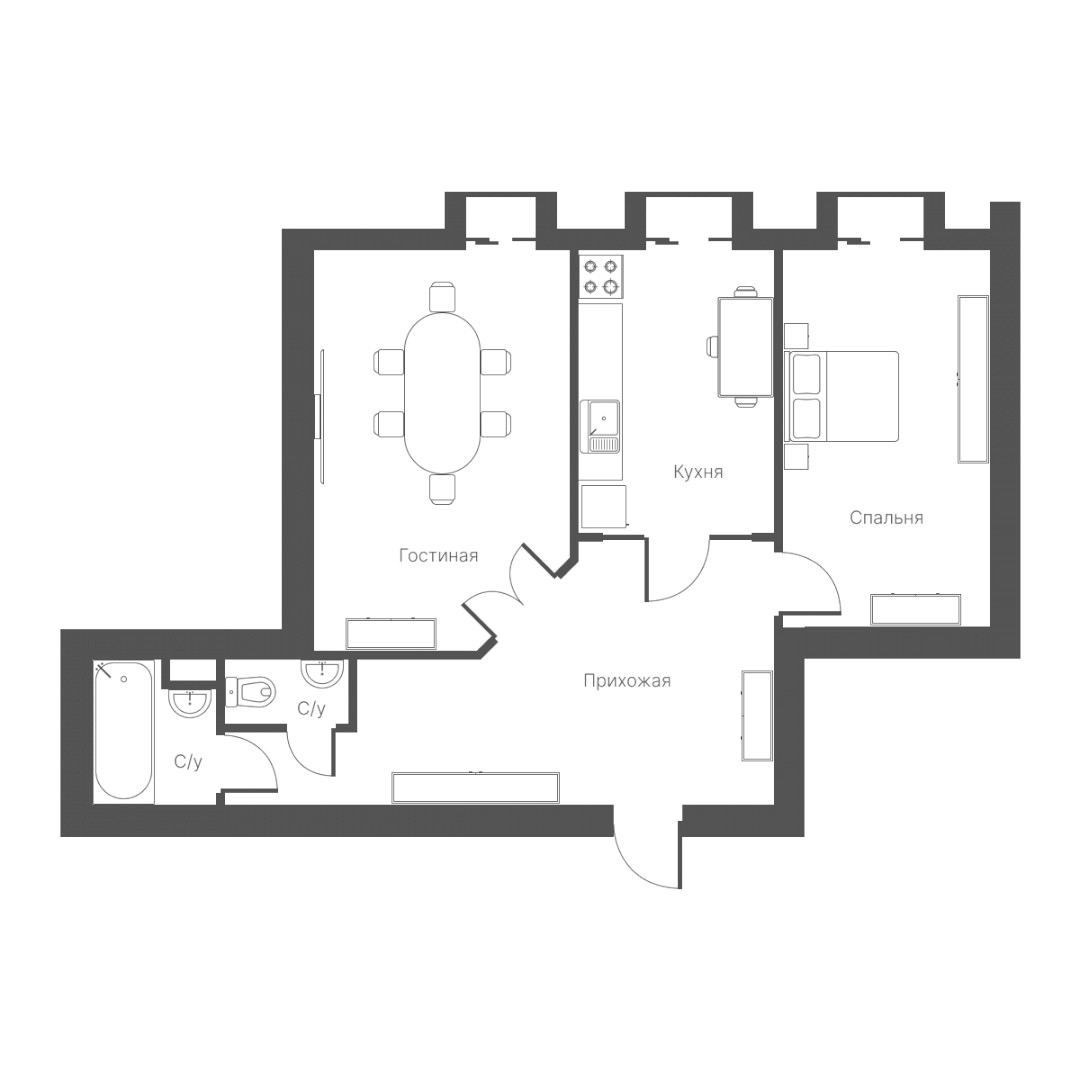 1-xona tekis, 44 m² ⋅ reja 1 | British House turar-joy majmuasi | Yangi binolar Oltin uy Toshkentda | Domtut