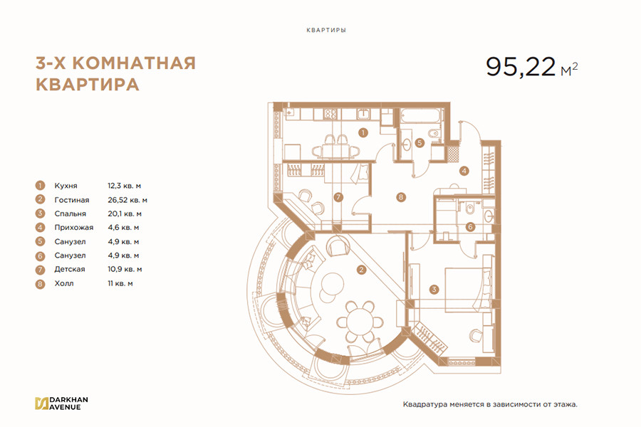 3-комн. квартира, 95.22 м² ⋅ план 3 | Жилой Комплекс Darkhan Avenue | Новостройки в Ташкенте | Domtut