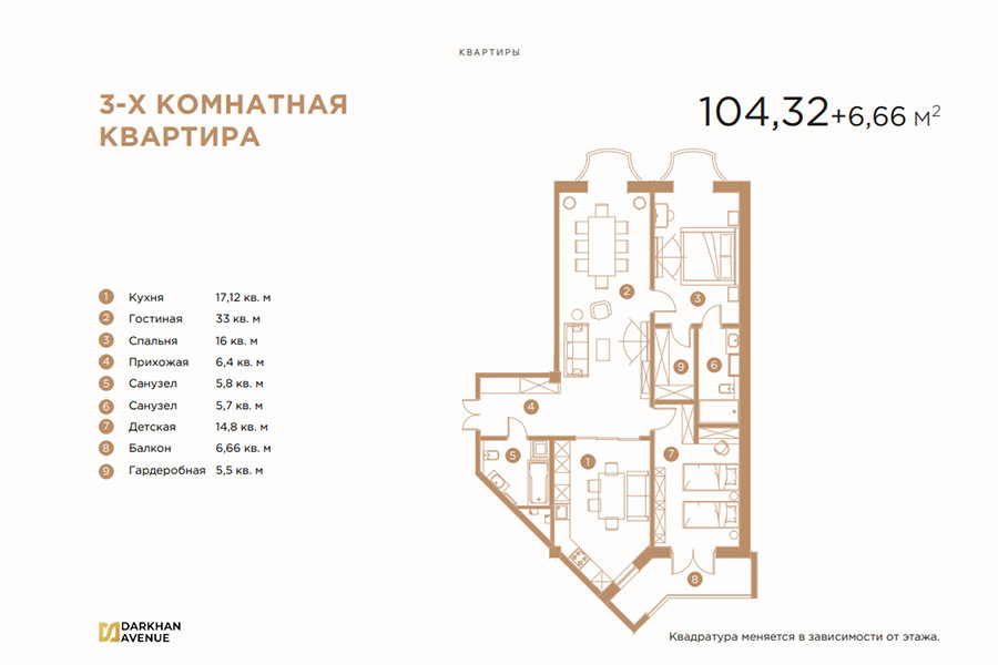 3-комн. квартира, 104.32 м² ⋅ план 5 | Жилой Комплекс Darkhan Avenue | Новостройки в Ташкенте | Domtut