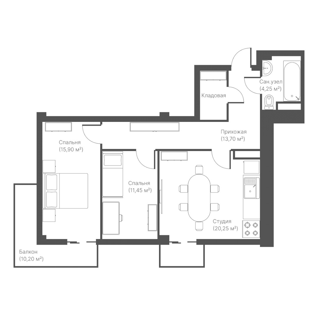 3-xona tekis, 77.38 m² ⋅ reja 9 | Loft Residence turar-joy majmuasi | Yangi binolar | Domtut