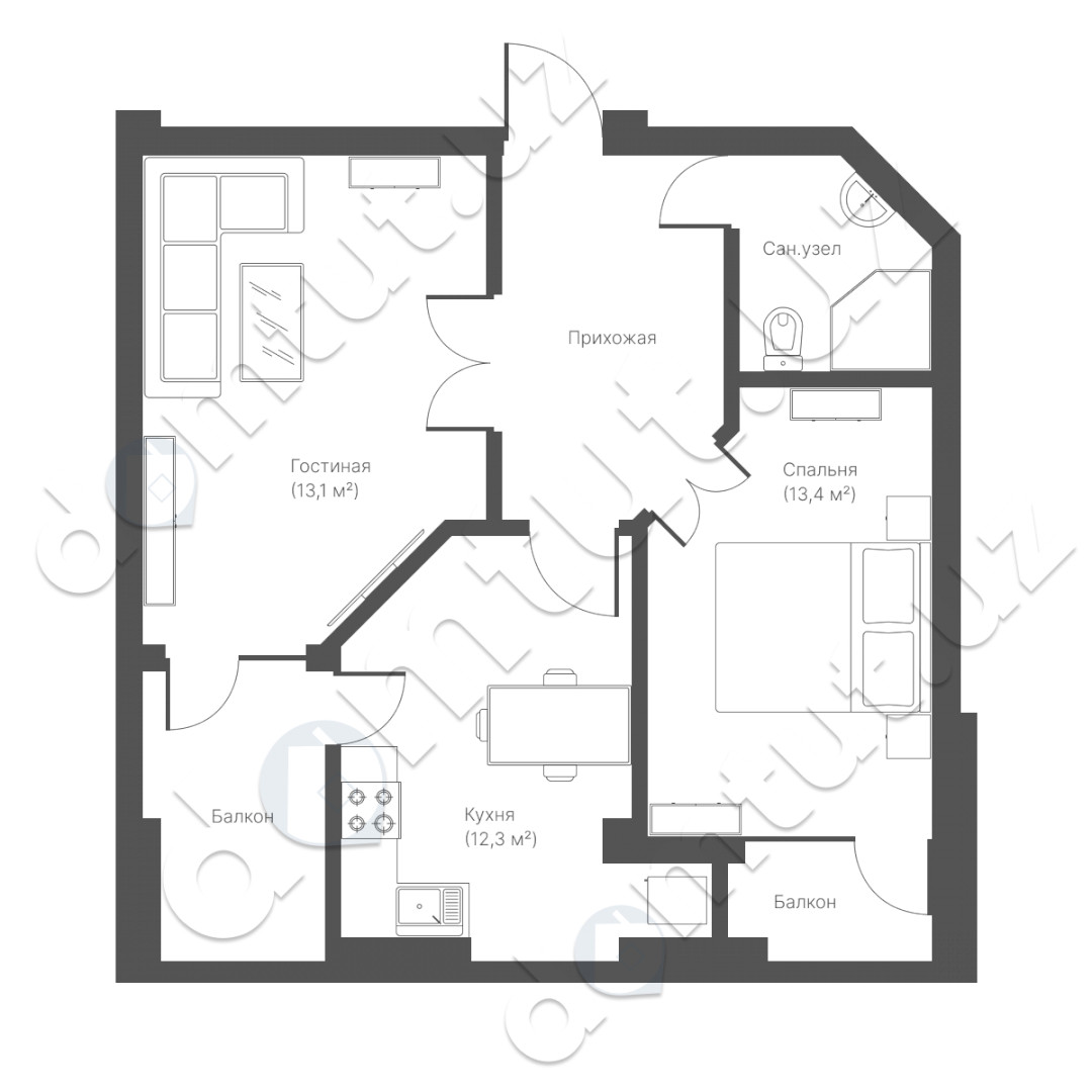 2-xona tekis, 63 m² ⋅ reja 1 | New House turar-joy majmuasi | Yangi binolar Oltin uy Toshkentda | Domtut