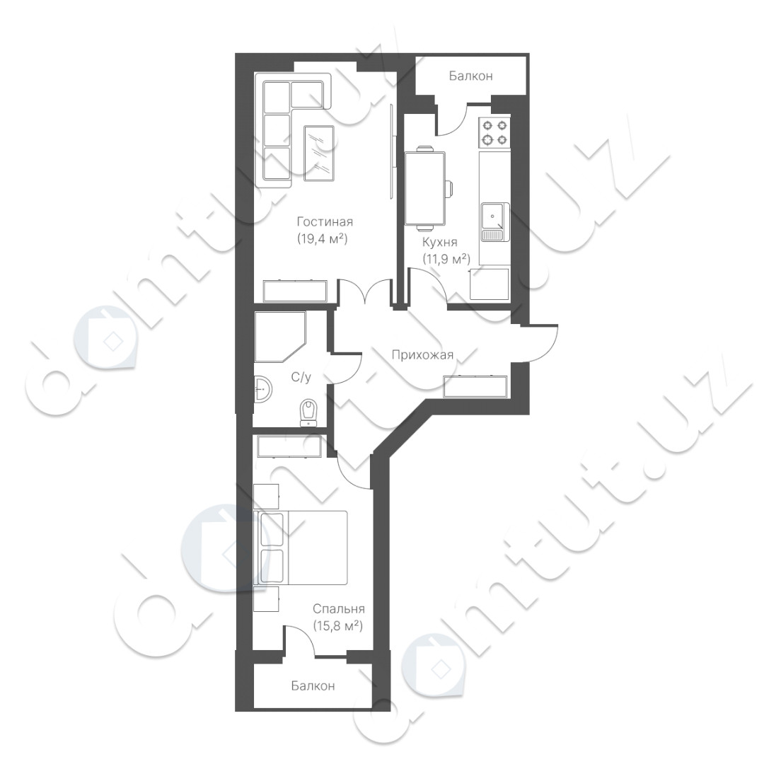 2-xona tekis, 65 m² ⋅ reja 2 | New House turar-joy majmuasi | Yangi binolar Oltin uy Toshkentda | Domtut