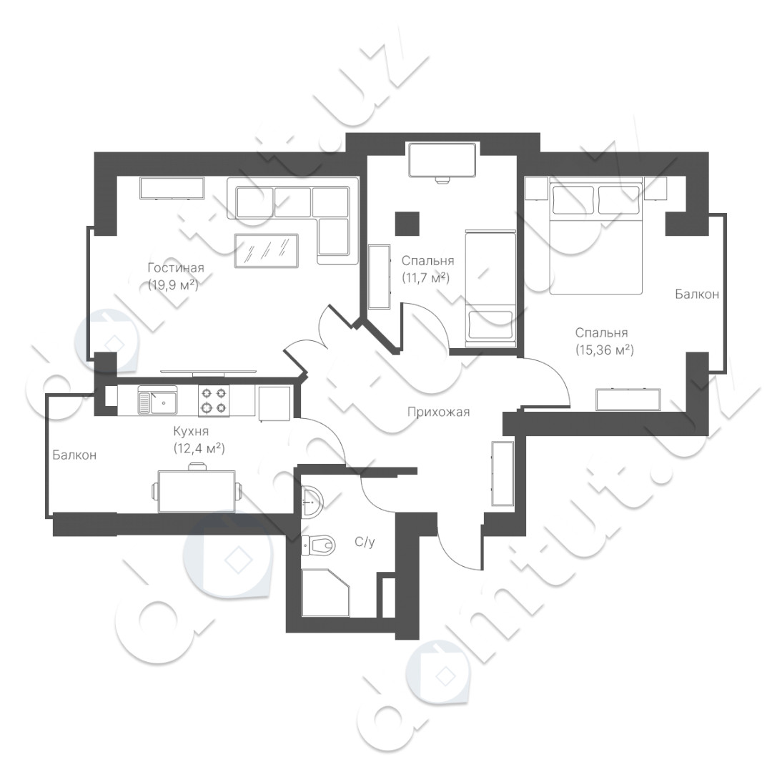3-xona tekis, 79.9 m² ⋅ reja 4 | New House turar-joy majmuasi | Yangi binolar Oltin uy Toshkentda | Domtut