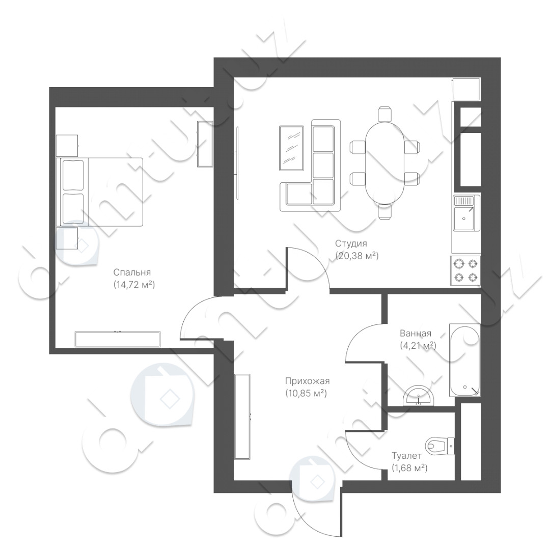 2-xona tekis, 56 m² ⋅ reja 1 | Platinum House turar-joy majmuasi | Yangi binolar | Domtut