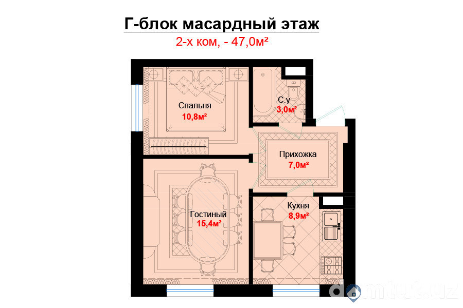 2-комн. квартира, 47 м² ⋅ план 1 | Жилой Комплекс Sergeli Elite | Новостройки в Ташкенте | Domtut