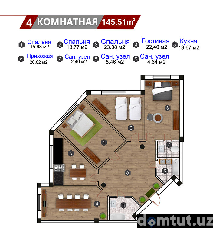 4-xona tekis, 145.51 m² ⋅ reja 5 | Star House turar-joy majmuasi | Yangi binolar | Domtut