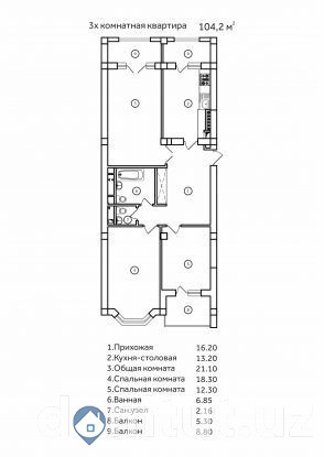 3-комн. квартира, 104 м² ⋅ план 3 | Жилой Комплекс Sultania | Новостройки в Ташкенте | Domtut