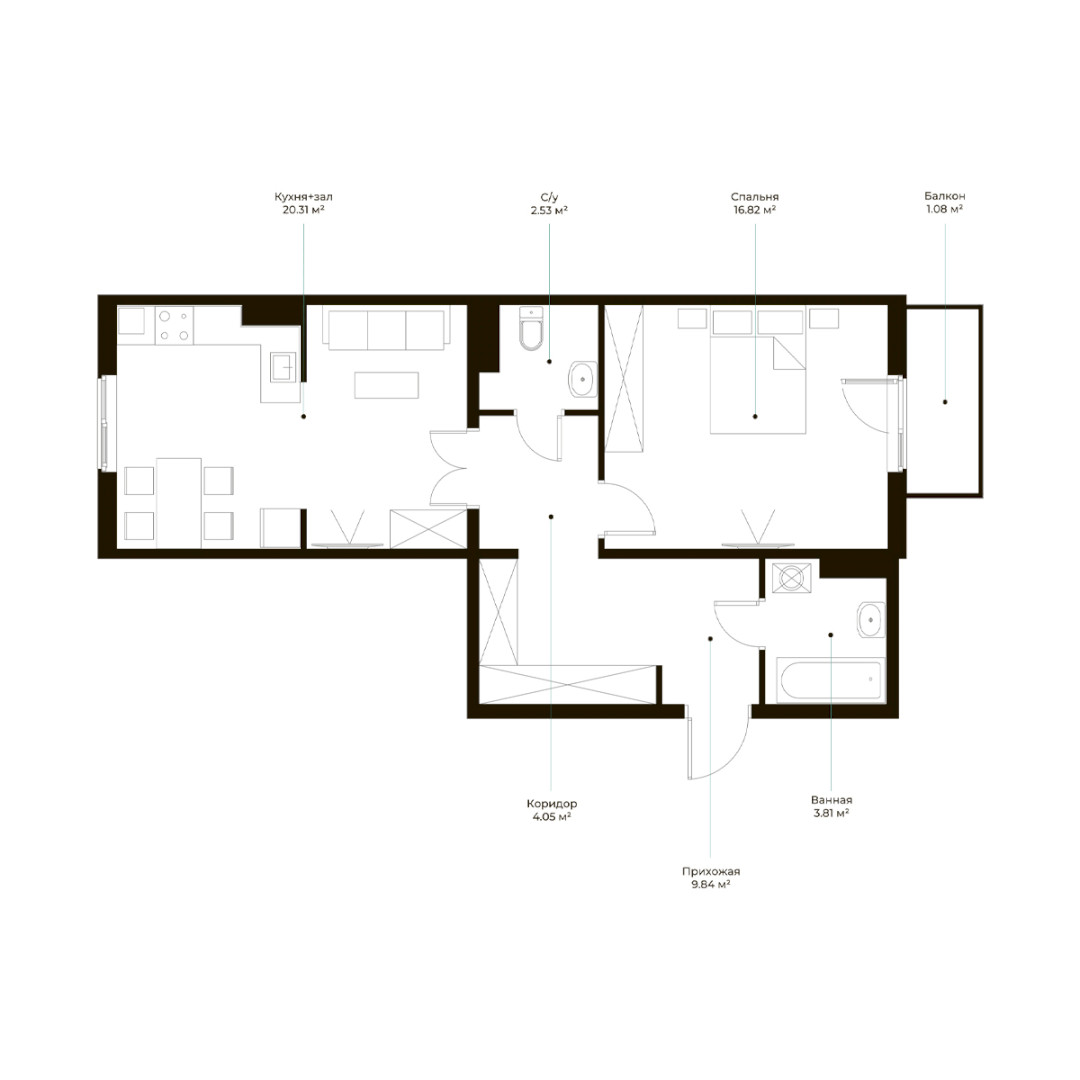 2-xona tekis, 58.44 m² ⋅ reja 9 | Assalom Havo turar-joy majmuasi | Yangi binolar | Domtut