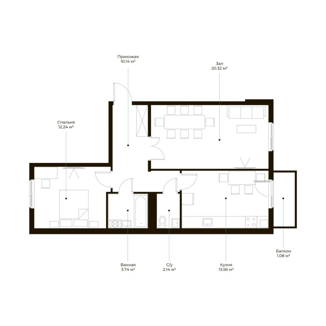 2-xona tekis, 63.34 m² ⋅ reja 11 | Assalom Havo turar-joy majmuasi | Yangi binolar | Domtut