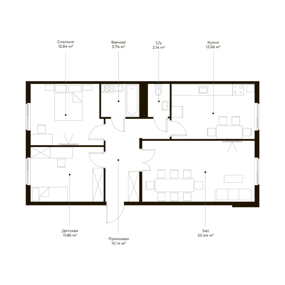 3-xona tekis, 74.72 m² ⋅ reja 18 | Assalom Havo turar-joy majmuasi | Yangi binolar | Domtut